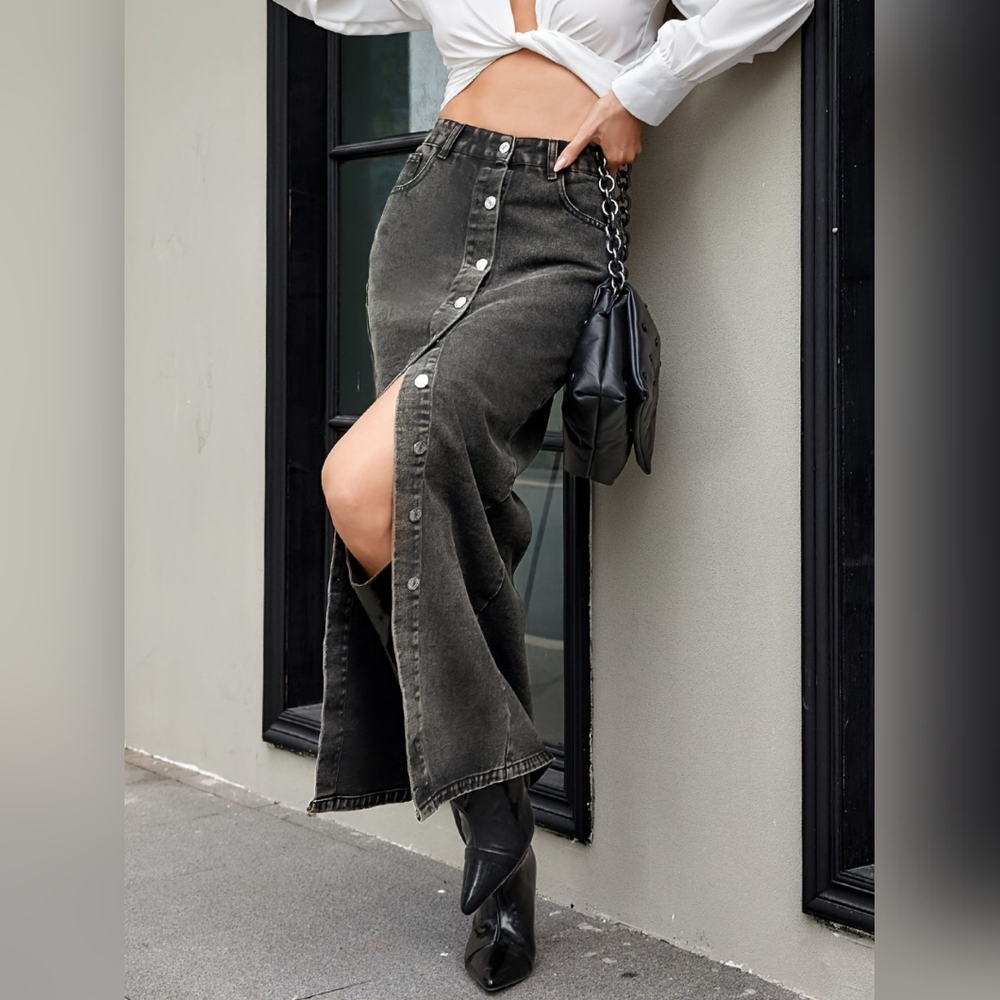 Button Up High Rise Denim Skirt